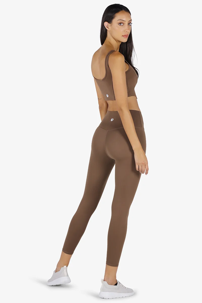 ياسيكو YesEco Women’s Brown Activewear Set – Padded U-Back Sports Bra & High-Waist Stretch Pants – Sustainable Recycled Nylon & Spandex Outfit for Yoga, Pilates, Gym, or Daily Athleisure Wear