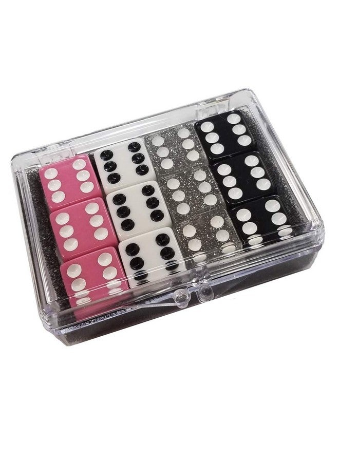 Marion Set of 12 Opaque dice- Play Bunco- Pink - White - Black - Silver in Acrylic Box - Image 2