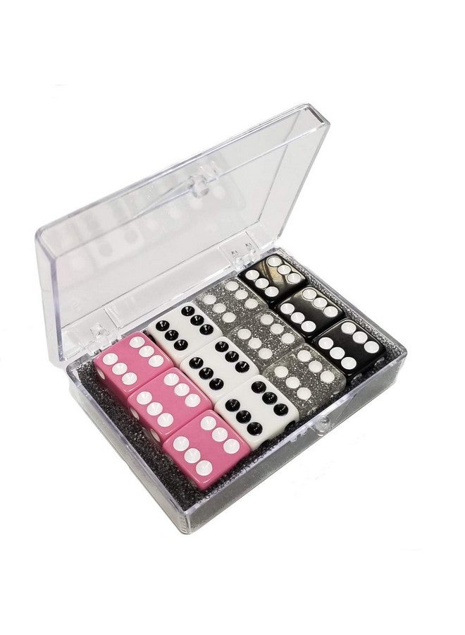 Marion Set of 12 Opaque dice- Play Bunco- Pink - White - Black - Silver in Acrylic Box - Image 1