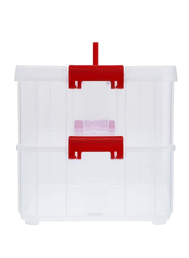 BTSKY صندوق تخزين قابل للحمل من بي تي إس كاي 2 طبقة، صندوق تخزين متعدد الاستخدامات من البلاستيك مع مقبض لتنظيم القرطاسية، الخياطة، الحرف الفنية، المجوهرات ومستحضرات التجميل (أحمر) - Image 3