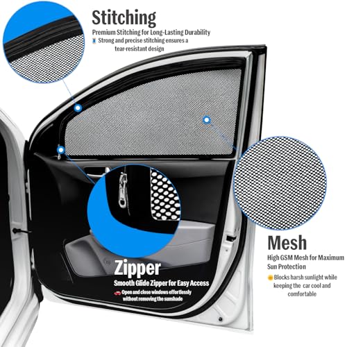 Autofact Magnetic Car Sunshades Compatible with Ford Figo Aspire (Set of 4) – Easy Installation, UV Protection, Keeps Car Cool (Front 2 with Zippers for Easy Access, Rear 2 Without Zippers) - Image 2