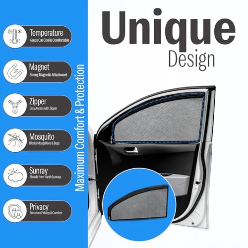 Autofact Magnetic Car Sunshades Compatible with Ford Figo Aspire (Set of 4) – Easy Installation, UV Protection, Keeps Car Cool (Front 2 with Zippers for Easy Access, Rear 2 Without Zippers) - Image 4
