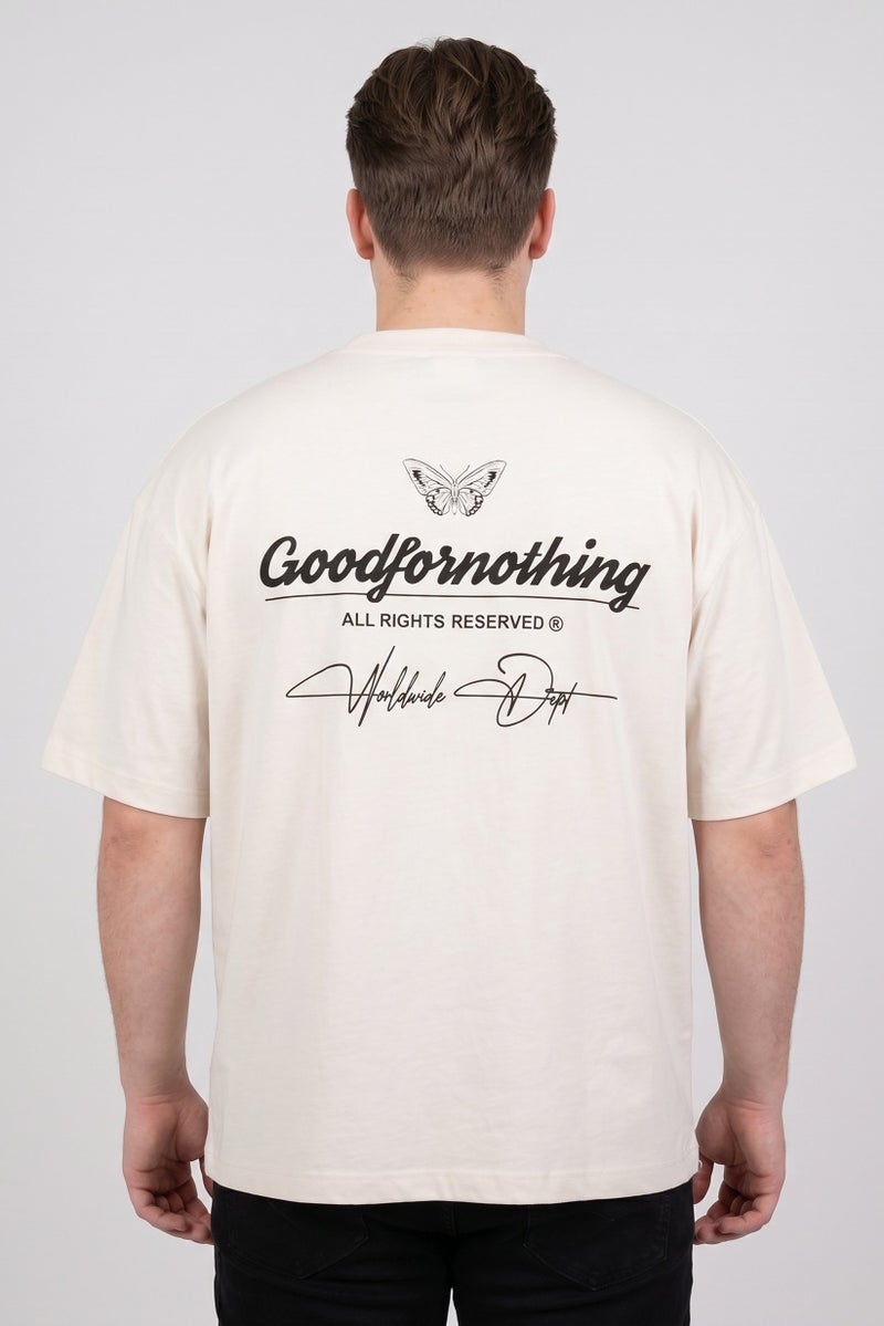GOOD FOR NOTHING Men Crew Neck Short Sleeve Graphic Print T-Shirt, Off White - Image 4