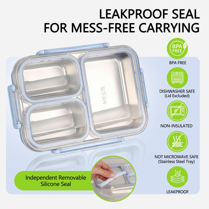 PTYTIFY Stainless Steel Bento Box, 3 Compartments Leakproof Stainless Steel Snack Containers, 25 oz Premium 304 Metal Lunch Box for Adults, BPA-Free, Dishwasher Safe (Blue) - Image 3