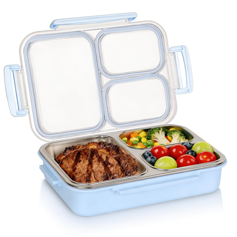PTYTIFY Stainless Steel Bento Box, 3 Compartments Leakproof Stainless Steel Snack Containers, 25 oz Premium 304 Metal Lunch Box for Adults, BPA-Free, Dishwasher Safe (Blue) - Image 1