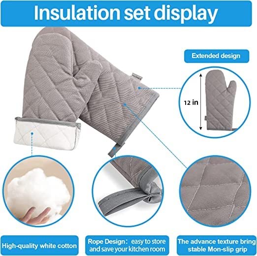 M MIAOYAN Oven Mitts and Pot Holders 4 pcs Set High Heat Resistant 500 Degree Extra Thicken Long Kitchen Cotton Oven Glove for Cooking (12 Inch Grey) - Image 3