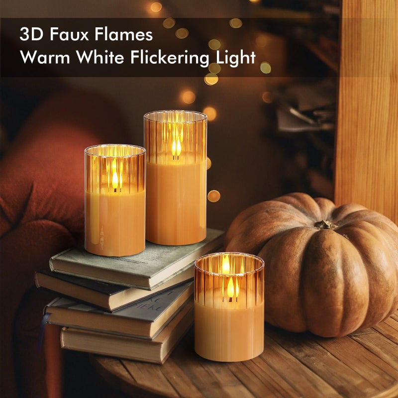 Rhytsing Gold Ribbed Glass Battery Operated LED Candles with Remote, Flameless Candle Gift Set with Timer, Warm White Light- Include 6 Batteries - Set of 3 - Image 2