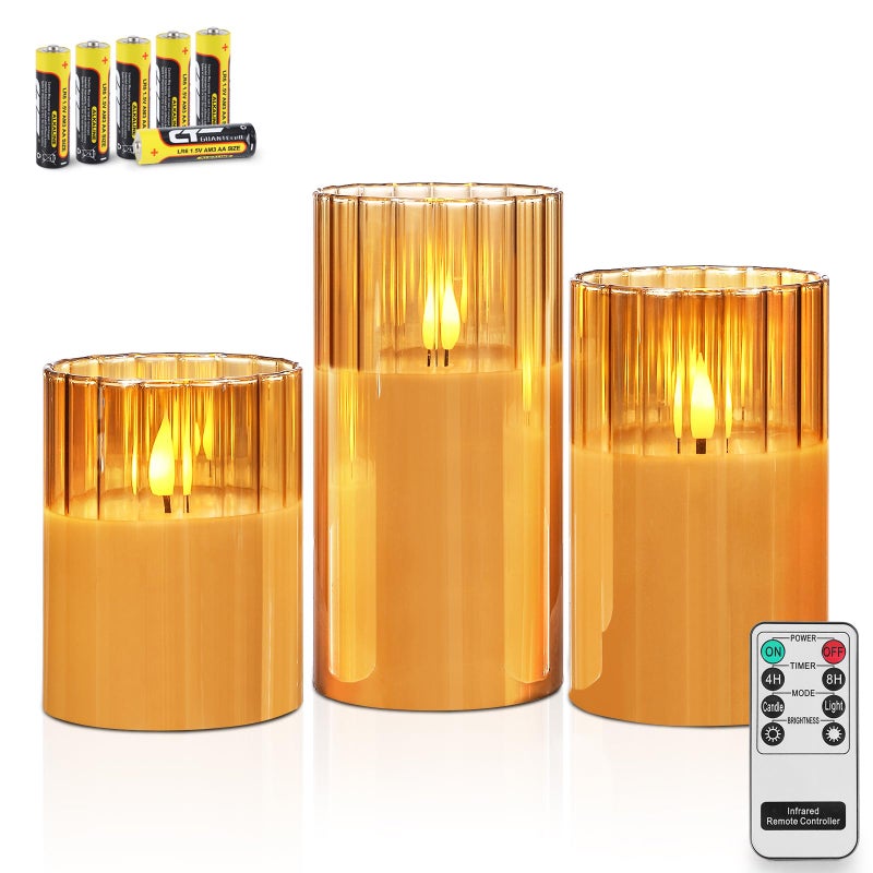 Rhytsing Gold Ribbed Glass Battery Operated LED Candles with Remote, Flameless Candle Gift Set with Timer, Warm White Light- Include 6 Batteries - Set of 3 - Image 1