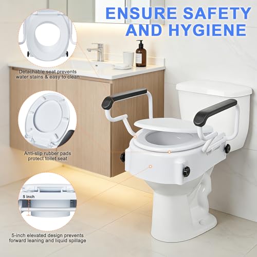 XIAOSHUNER Raised Toilet Seat with Handles - Adjustable Height - Add 5 inches - Toilet Seat Risers for Seniors - Supports 300lbs - for Standard/Round Toilet, Includes Lid, Elevated Toilet Seat, White - Image 4