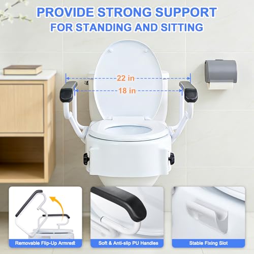 XIAOSHUNER Raised Toilet Seat with Handles - Adjustable Height - Add 5 inches - Toilet Seat Risers for Seniors - Supports 300lbs - for Standard/Round Toilet, Includes Lid, Elevated Toilet Seat, White - Image 3