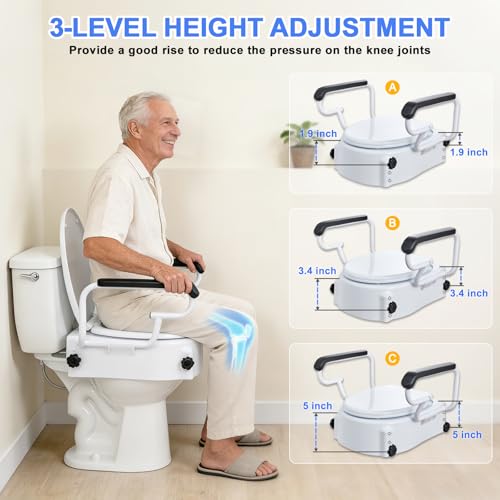 XIAOSHUNER Raised Toilet Seat with Handles - Adjustable Height - Add 5 inches - Toilet Seat Risers for Seniors - Supports 300lbs - for Standard/Round Toilet, Includes Lid, Elevated Toilet Seat, White - Image 2