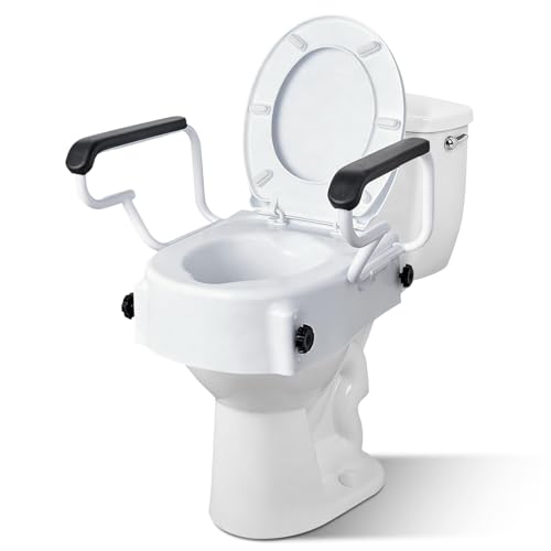 XIAOSHUNER Raised Toilet Seat with Handles - Adjustable Height - Add 5 inches - Toilet Seat Risers for Seniors - Supports 300lbs - for Standard/Round Toilet, Includes Lid, Elevated Toilet Seat, White - Image 1