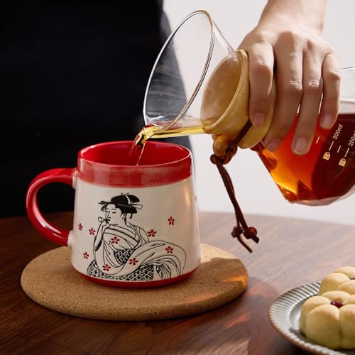 BICETTO Handmade 15oz Japanese Ukiyo-e Large Ceramic Coffee Mug, Artistic Pottery Big Tea Cup for Office & Home, Microwave & Dishwasher Safe (Samurai & Geisha) - Image 5
