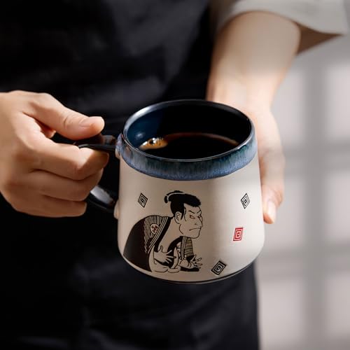 BICETTO Handmade 15oz Japanese Ukiyo-e Large Ceramic Coffee Mug, Artistic Pottery Big Tea Cup for Office & Home, Microwave & Dishwasher Safe (Samurai & Geisha) - Image 4