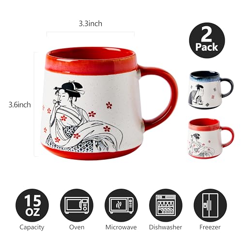 BICETTO Handmade 15oz Japanese Ukiyo-e Large Ceramic Coffee Mug, Artistic Pottery Big Tea Cup for Office & Home, Microwave & Dishwasher Safe (Samurai & Geisha) - Image 2