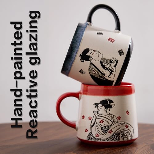 BICETTO Handmade 15oz Japanese Ukiyo-e Large Ceramic Coffee Mug, Artistic Pottery Big Tea Cup for Office & Home, Microwave & Dishwasher Safe (Samurai & Geisha) - Image 3