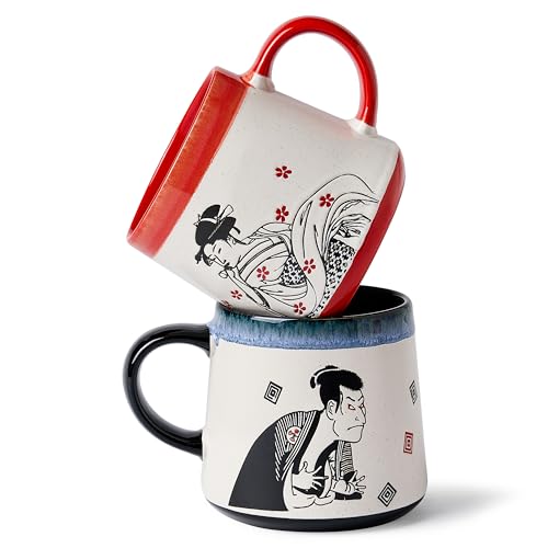 BICETTO Handmade 15oz Japanese Ukiyo-e Large Ceramic Coffee Mug, Artistic Pottery Big Tea Cup for Office & Home, Microwave & Dishwasher Safe (Samurai & Geisha) - Image 1
