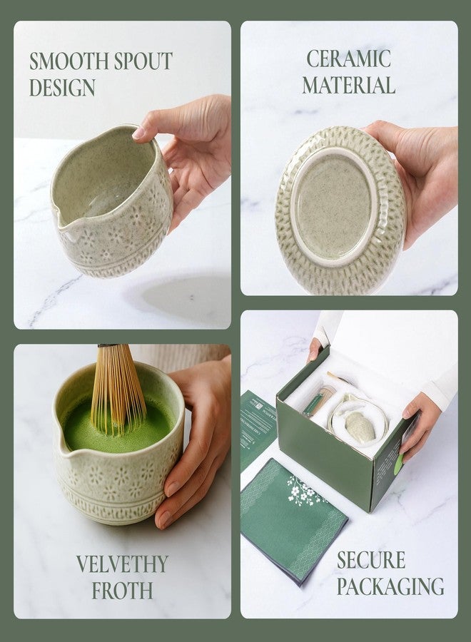 Strabella 7-Piece Matcha Whisk Set – Ceramic Bowl with Spout, Bamboo Whisk & Holder, Scoop, Sifter, Tea Towel – Complete Ceremonial Tea Kit (Green) - Image 5