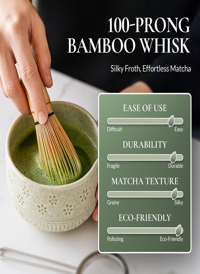 Strabella 7-Piece Matcha Whisk Set – Ceramic Bowl with Spout, Bamboo Whisk & Holder, Scoop, Sifter, Tea Towel – Complete Ceremonial Tea Kit (Green) - Image 2