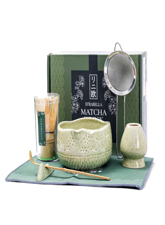 Strabella 7-Piece Matcha Whisk Set – Ceramic Bowl with Spout, Bamboo Whisk & Holder, Scoop, Sifter, Tea Towel – Complete Ceremonial Tea Kit (Green) - Image 1