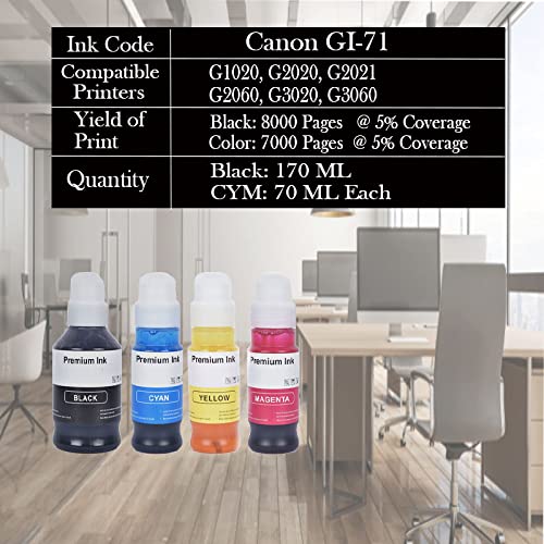 RC PRINT GI 71 حبر لكانون بيكسما G1020, G2020, G2021, G2060, G3020, G3060 - (170 مل أسود) و (70 مل لكل من CYM) - Image 2