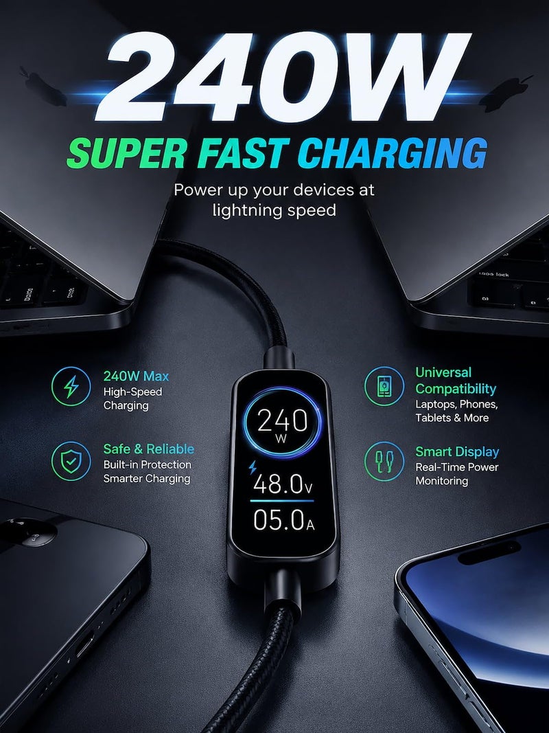 Lito 240W USB C to USB C Cable 4FT with TFT Color Screen, PD 3.1 Fast Charging Premium 48-Strand Nylon Braided Cord Compatible with iPhone 17/16/15, MacBook, Laptop,Tablet, Galaxy, Pixel, Steam Deck - Image 2