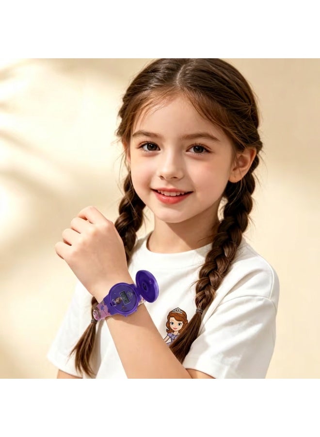 GiGi Disney Sofia the First Digital Spinner Kids’ Watch. Easy-to-read purple digital display, rotating character flip cover, themed purple strap with Sofia graphics, durable plastic case, precise quartz movement. - Image 2