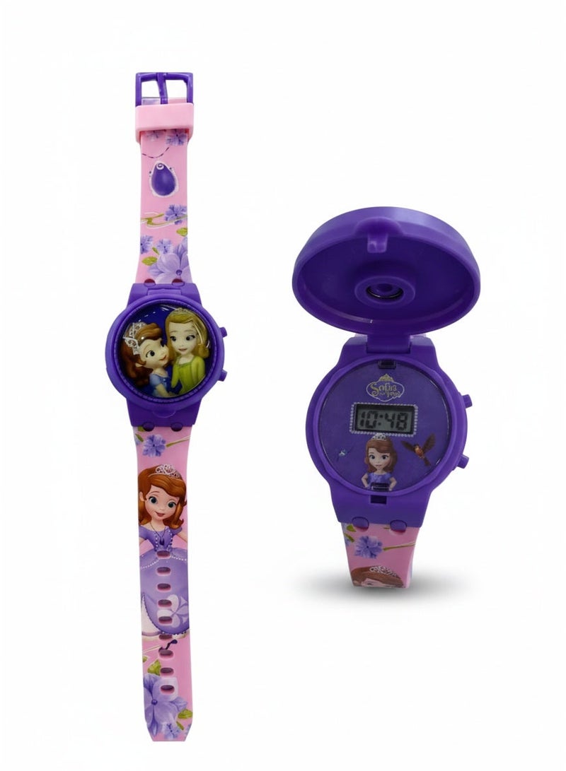 GiGi Disney Sofia the First Digital Spinner Kids’ Watch. Easy-to-read purple digital display, rotating character flip cover, themed purple strap with Sofia graphics, durable plastic case, precise quartz movement. - Image 1