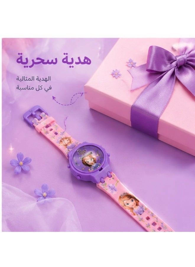 GiGi Disney Sofia the First Digital Spinner Kids’ Watch. Easy-to-read purple digital display, rotating character flip cover, themed purple strap with Sofia graphics, durable plastic case, precise quartz movement. - Image 4