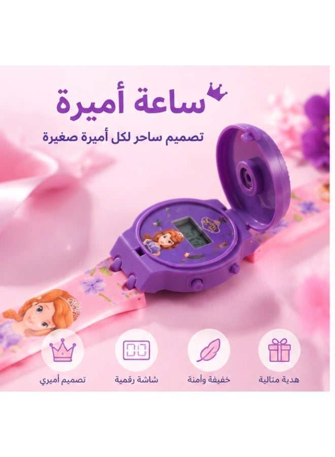 GiGi Disney Sofia the First Digital Spinner Kids’ Watch. Easy-to-read purple digital display, rotating character flip cover, themed purple strap with Sofia graphics, durable plastic case, precise quartz movement. - Image 3