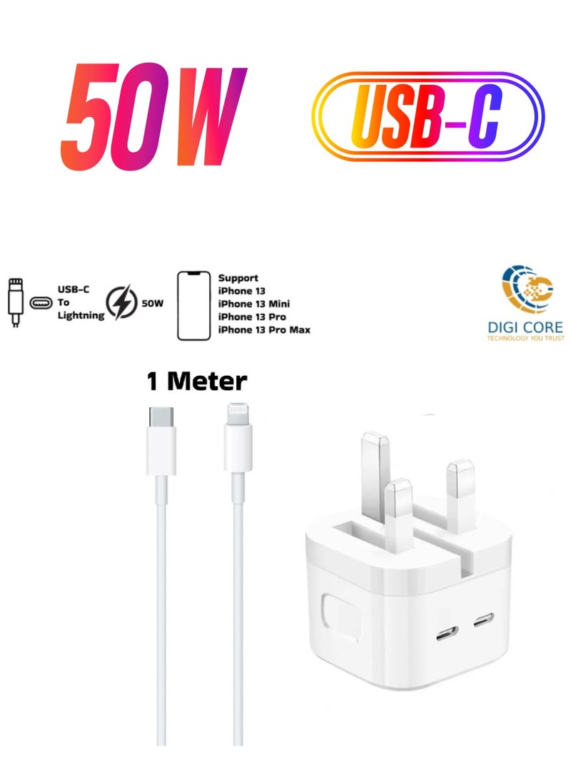 DIGI CORE 50W USB-C Dual Port Power Adapter Fast Charger With Type-C To Lightning Cable 1 Meter White Support iPhone 13 Series - Image 1