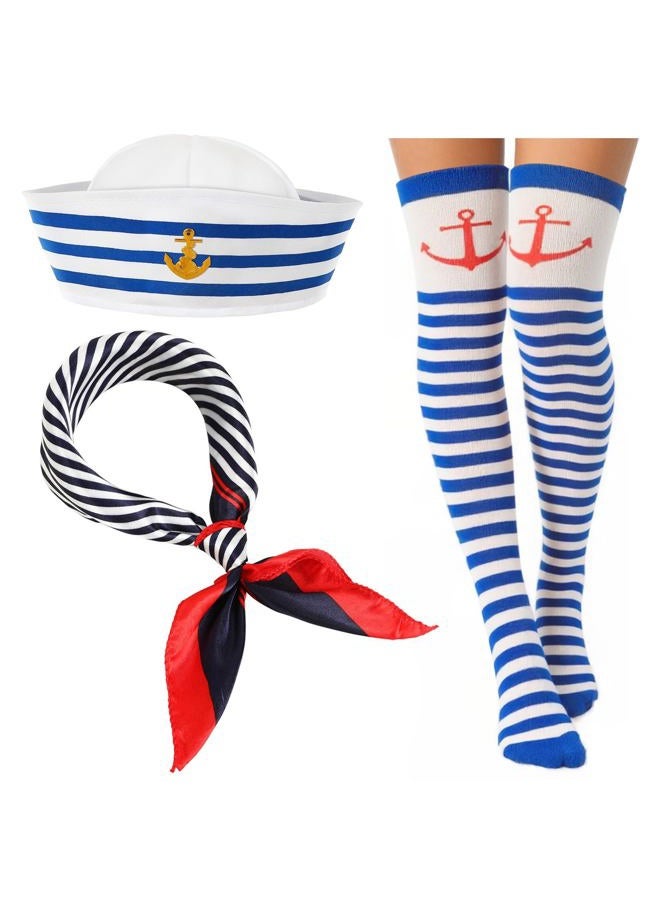 BOARDFEB 3 Pcs Yacht Sailor Costume Set, Sailor Cap Scarf Stockings Yacht Captain Hat Boat Costume for Women Captains Dressing Up Party Halloween Party - Image 1