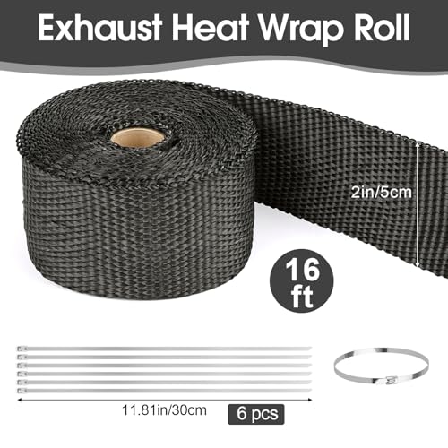 Opvixi Exhaust Heat Wrap Roll, 2" x 16' Fiberglass Heat Shield Tape, Black Header Wrap with 6 pcs Stainless Ties for Motorcycle Car Truck Exhaust Pipes - Image 2