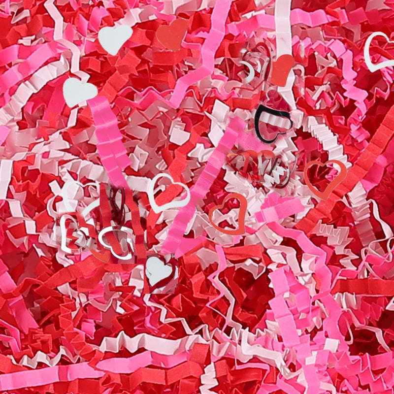 Gloreyan 1LB Valentine's Day Crinkle Cut Paper Shred, Pink Red White Raffia Paper Shred Filler Grass with Heart Decoration for Gift Wrapping Basket Filling Birthdays Weddings Party Supply - Image 1