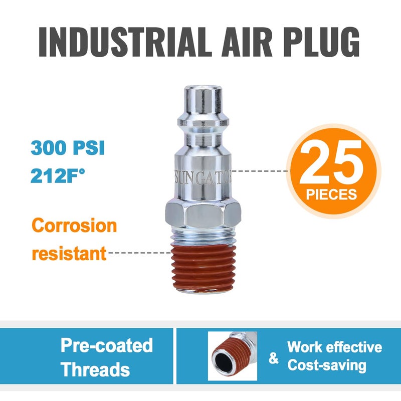 SUNGATOR سنجاتور 25-عبوة 1/4 بوصة ملحقات خرطوم الهواء، مجموعة قابس صناعي ذكر NPT 1/4''، ملحقات خرطوم الهواء السريع الاتصال 1/4 بوصة، مجموعة قابس إصلاح خرطوم صناعي 1/4'' لضاغط الهواء، ورشة السيارات - Image 2