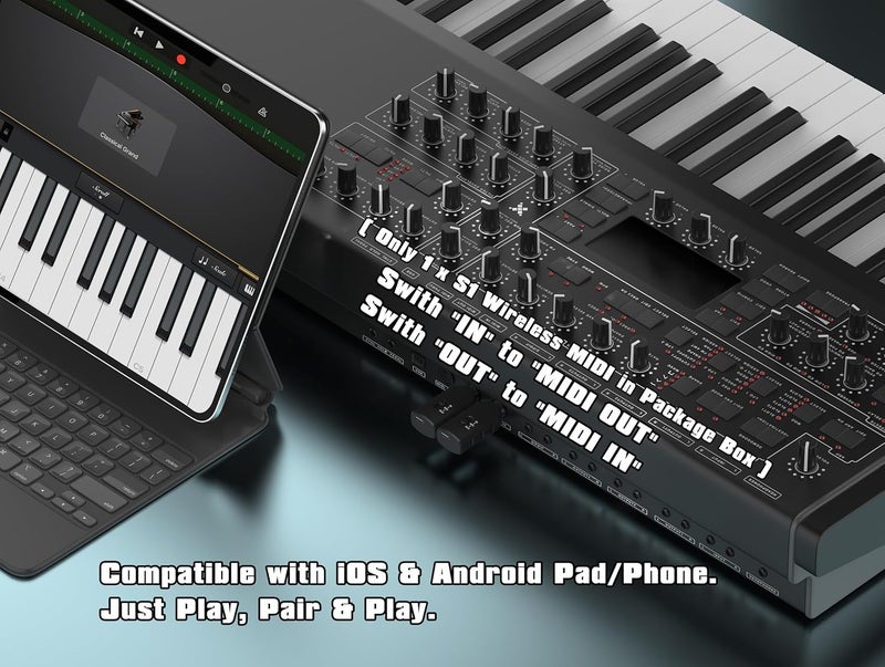 FORE S1 Wireless MIDI Interface & MIDI USB Type-C Adapter, Ultra Low Latency, Work with MIDI Keyboard & Any MIDI 5-Pin Din Device Compatible with iOS, Android, Windows/mac OS Balck 1-Pack - Image 2