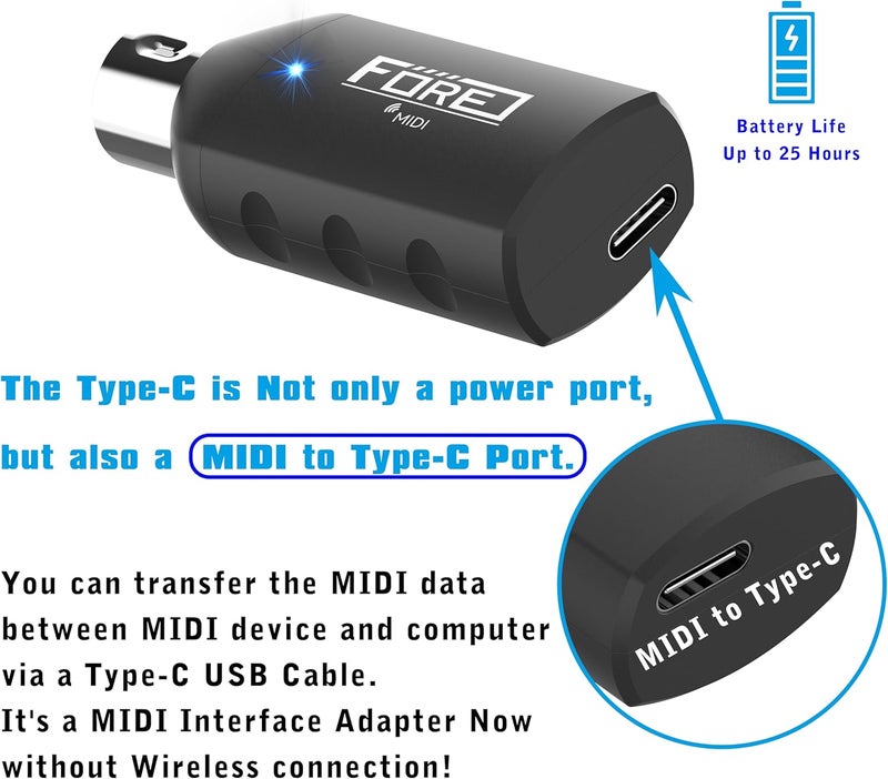 FORE S1 Wireless MIDI Interface & MIDI USB Type-C Adapter, Ultra Low Latency, Work with MIDI Keyboard & Any MIDI 5-Pin Din Device Compatible with iOS, Android, Windows/mac OS Balck 1-Pack - Image 4