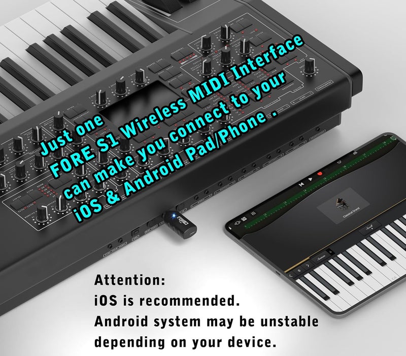 FORE S1 Wireless MIDI Interface & MIDI USB Type-C Adapter, Ultra Low Latency, Work with MIDI Keyboard & Any MIDI 5-Pin Din Device Compatible with iOS, Android, Windows/mac OS Balck 1-Pack - Image 5