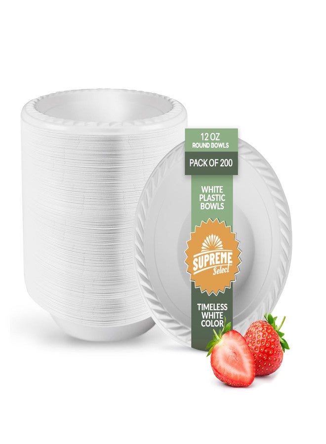 Supreme Select 200 Pack White Plastic Disposable Bowls - 12 oz BPA-Free Microwaveable Bowls with Rim for Soup, Salad, Dessert - Sturdy Disposable Plastic Bowls for Parties, Weddings, Kitchen Use - Image 1