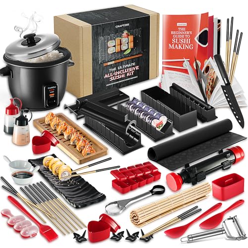 CraftZee Sushi Making Kit - Complete Sushi Maker Kit with Bazooka Roller, Rice Cooker, Onigiri, Nigiri & Musubi Mold, Rice Ball Mold, Bamboo Rolling Mat, Knife, Guide Book & More - Image 1