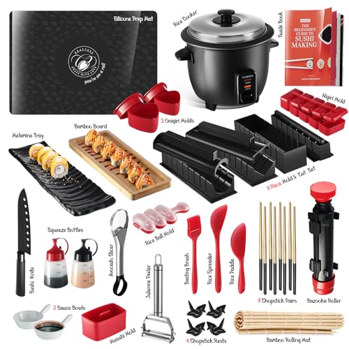CraftZee Sushi Making Kit - Complete Sushi Maker Kit with Bazooka Roller, Rice Cooker, Onigiri, Nigiri & Musubi Mold, Rice Ball Mold, Bamboo Rolling Mat, Knife, Guide Book & More - Image 2
