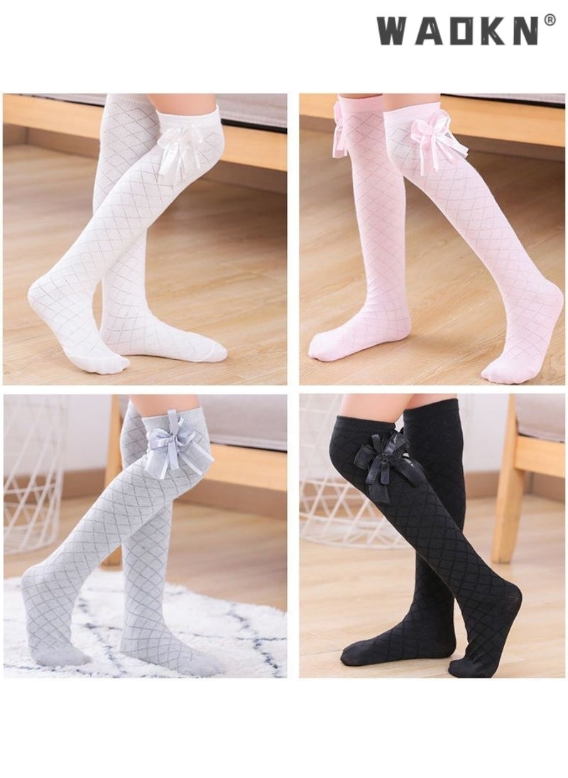 WAOKN Girls Stockings, 4 Pairs Little Girl's Knee High Socks Over Calf Kids Overknee Stockings Bow Style, Middle Tall Socks Bow Mesh Diamond Check Heelless Straight Children's Socks (for 2-10 Years)  - Image 1