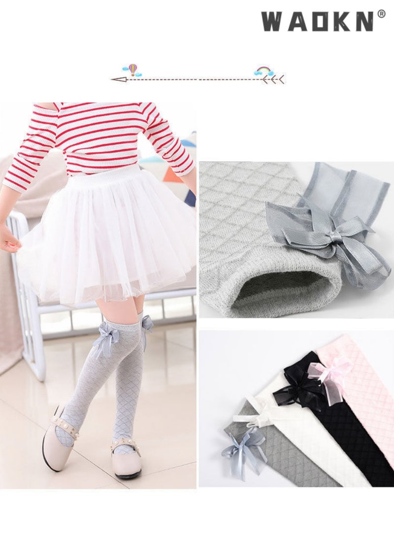 WAOKN Girls Stockings, 4 Pairs Little Girl's Knee High Socks Over Calf Kids Overknee Stockings Bow Style, Middle Tall Socks Bow Mesh Diamond Check Heelless Straight Children's Socks (for 2-10 Years)  - Image 2