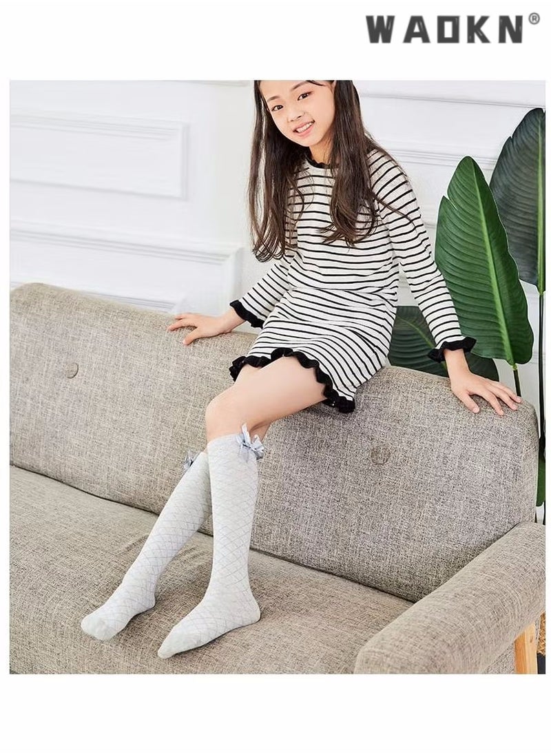 WAOKN Girls Stockings, 4 Pairs Little Girl's Knee High Socks Over Calf Kids Overknee Stockings Bow Style, Middle Tall Socks Bow Mesh Diamond Check Heelless Straight Children's Socks (for 2-10 Years)  - Image 4