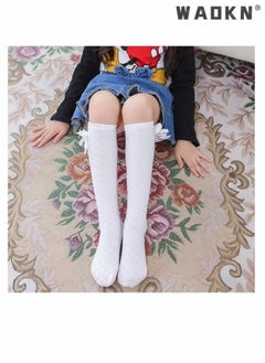 WAOKN Girls Stockings, 4 Pairs Little Girl's Knee High Socks Over Calf Kids Overknee Stockings Bow Style, Middle Tall Socks Bow Mesh Diamond Check Heelless Straight Children's Socks (for 2-10 Years)  - Image 5