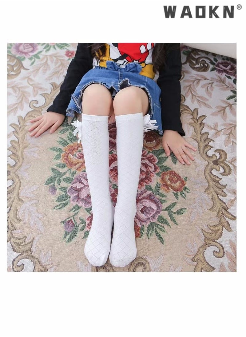 WAOKN Girls Stockings, 4 Pairs Little Girl's Knee High Socks Over Calf Kids Overknee Stockings Bow Style, Middle Tall Socks Bow Mesh Diamond Check Heelless Straight Children's Socks (for 2-10 Years)  - Image 5