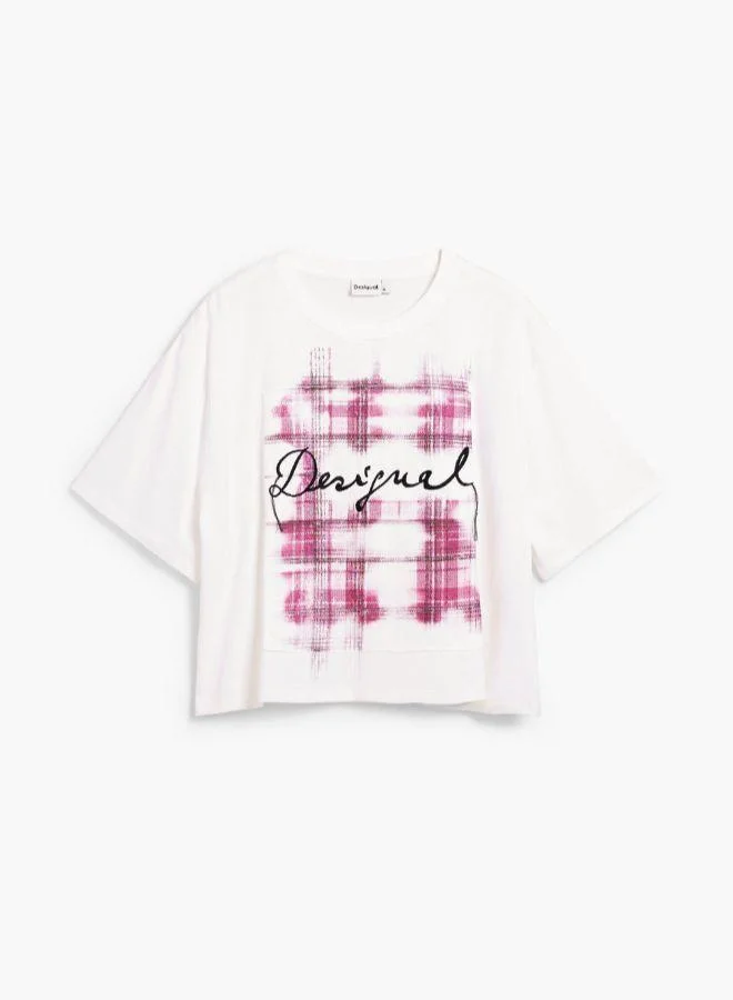 Desigual White Checked logo T-shirt for Women | Best Price UAE
