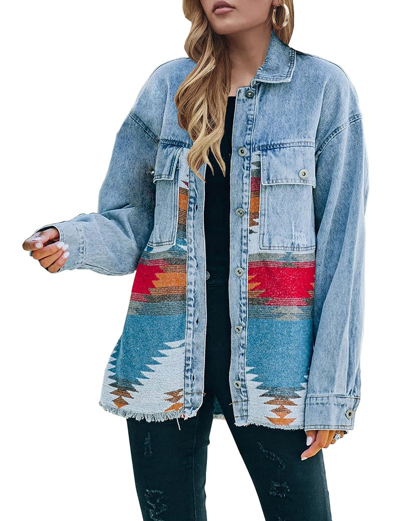 Lumister Aztec Denim Jacket Distressed Lapel Long Sleeve Vintage Button Down Jean Jacket Shacket(0007-Blue-XL) - Image 1