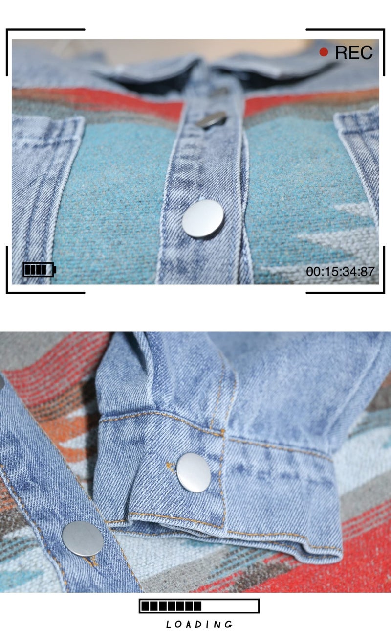 Lumister Aztec Denim Jacket Distressed Lapel Long Sleeve Vintage Button Down Jean Jacket Shacket(0007-Blue-XL) - Image 5