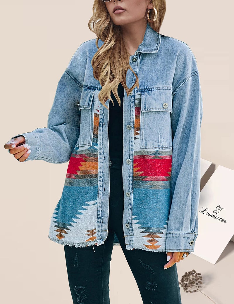 Lumister Aztec Denim Jacket Distressed Lapel Long Sleeve Vintage Button Down Jean Jacket Shacket(0007-Blue-XL) - Image 3